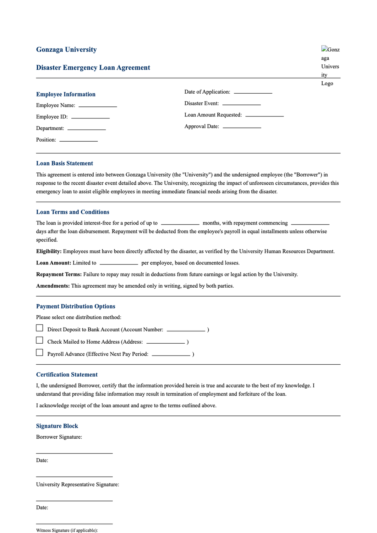 Gonzaga University disaster emergency loan agreement form_variant_3